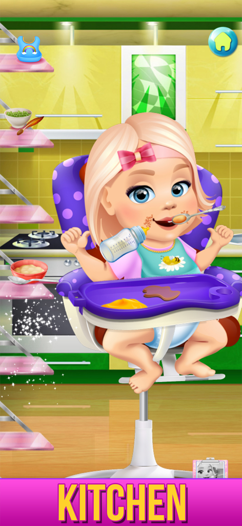 Baby Care & Dress Up Game - A baby in a purple high chair being fed in a kitchen