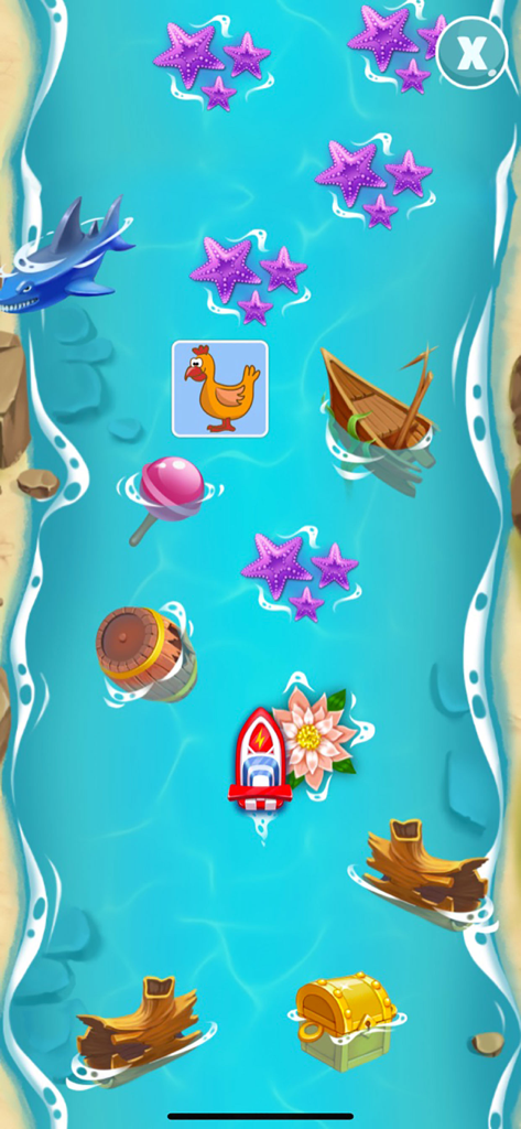 Baby Games: Boat for Kids - A small red toy boat sailing on a blue water path collecting various items in a toddler arcade game.
