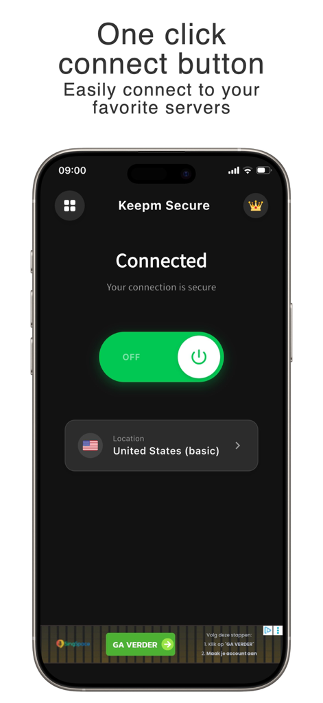 Keepm Secure - Interfaz de la aplicación Keepm Secure VPN con un botón de conexión de un clic que muestra una conexión segura a un servidor de Estados Unidos