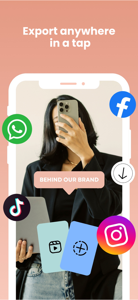 Reels & Story Maker: Storybeat - TikTok、Instagram、Facebookのソーシャルメディアアイコンに囲まれた自撮りをするクリエイター。