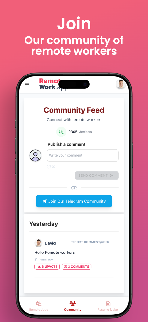 Remote-Work.app - remote jobs - Remote-Work 앱 커뮤니티 피드 인터페이스로 소셜 상호 작용 및 텔레그램 커뮤니티 링크 표시