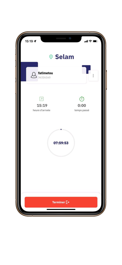 Interface de l'application Basme montrant un minuteur de travail employé et un tableau de bord des heures d'arrivée.