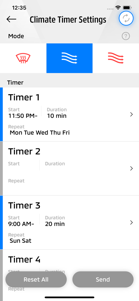 The climate timer settings screen of the Outlander PHEV Remote Ctrl app allowing users to schedule vehicle heating and cooling