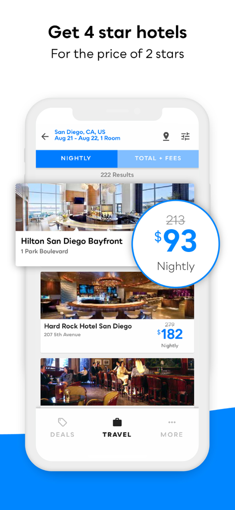 My Deals Mobile - My Deals Mobile app screenshot showing discounted hotel rates in San Diego with a promotion for four star hotels at two star prices