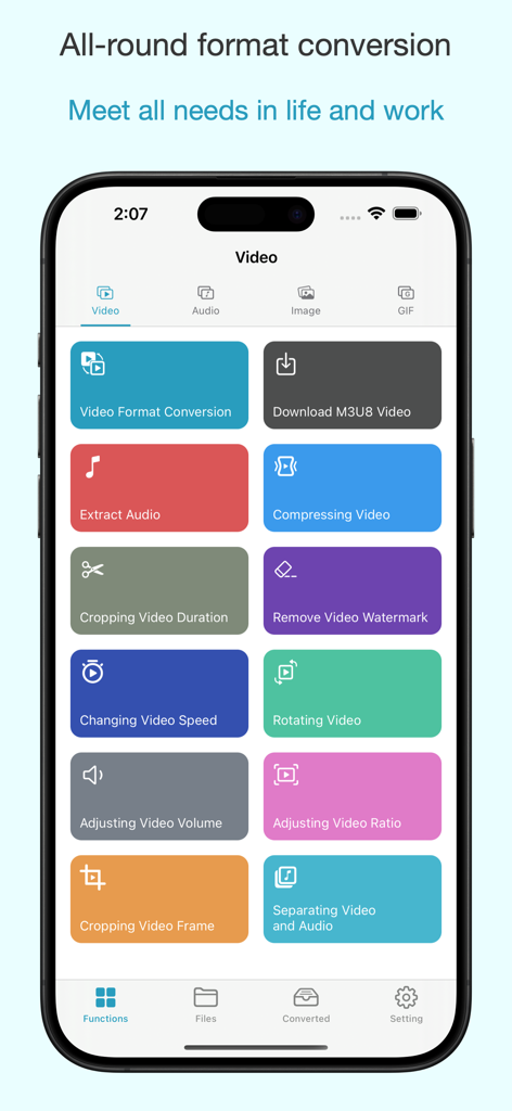 FormatX - All Media Converter - FormatX app interface showing a grid of video conversion and editing tools.