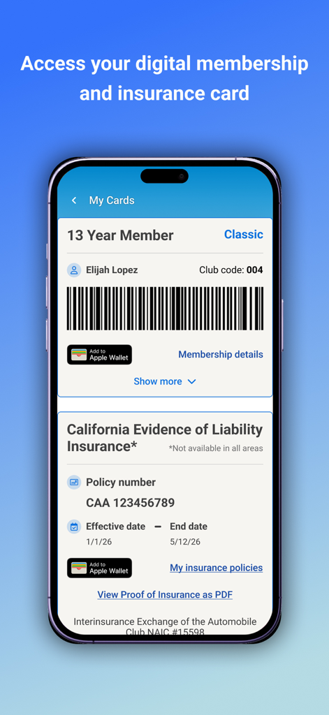 Schermata dello smartphone che mostra una tessera associativa AAA digitale e la prova dell'assicurazione di responsabilità civile all'interno dell'App Auto Club