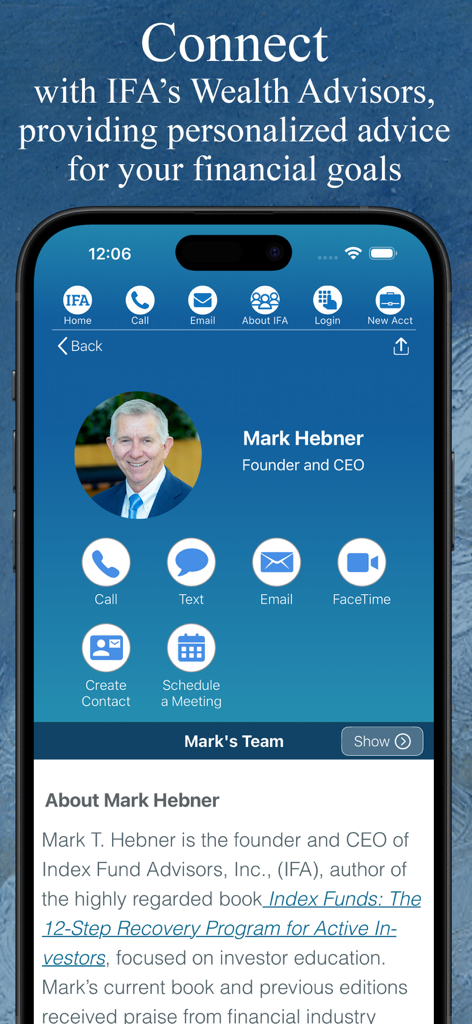 Index Fund Advisors - Index Fund Advisors mobile app interface for contacting a fiduciary wealth advisor.