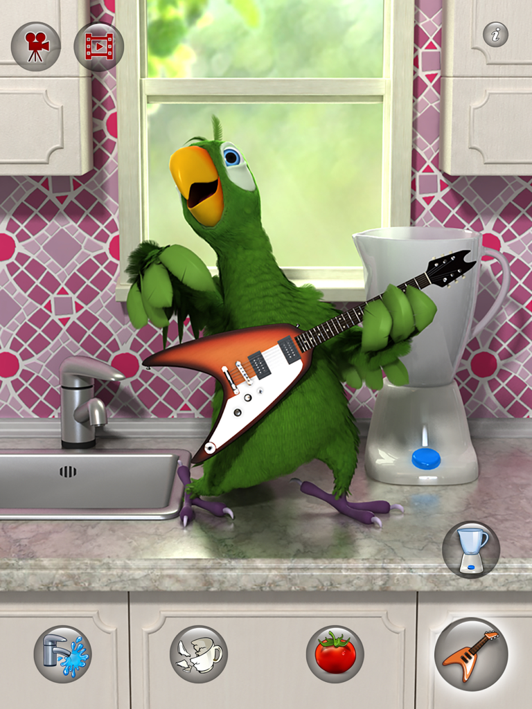 Talking Pierre the green parrot playing an electric guitar in a kitchen