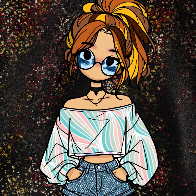 girl with a messy ponytail glasses a baggy crop top and jean shorts