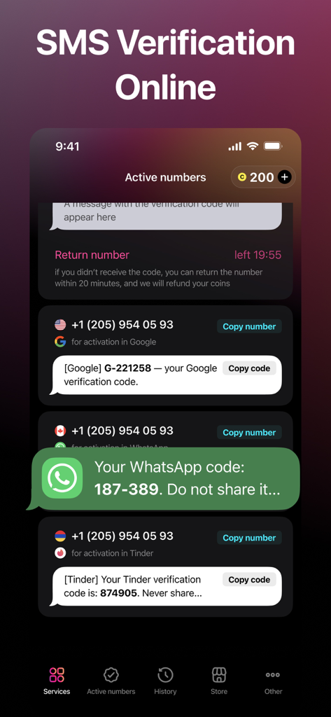 Receive SMS Online, SMS Getter - Interface do aplicativo SMS Getter mostrando números virtuais ativos com códigos de verificação do Google, WhatsApp e Tinder.