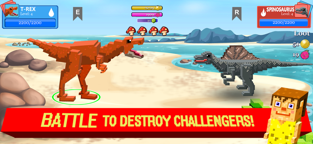 Pixel art T-Rex and Spinosaurus fighting in a dinosaur battle game