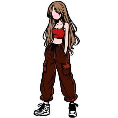 girl in baggy pants crop top and long hair