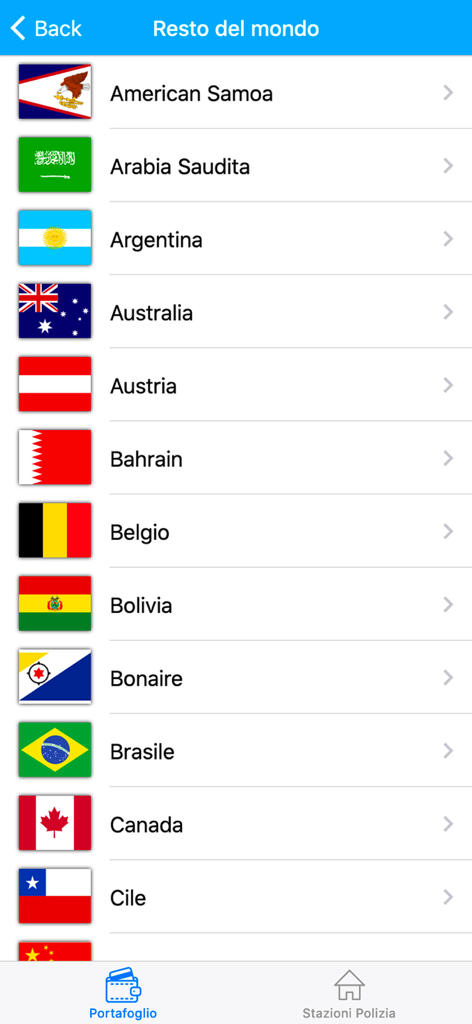 iSmarrito - Une liste de pays internationaux avec des drapeaux pour l'assistance mondiale en cas de perte de documents et de cartes dans l'application iSmarrito