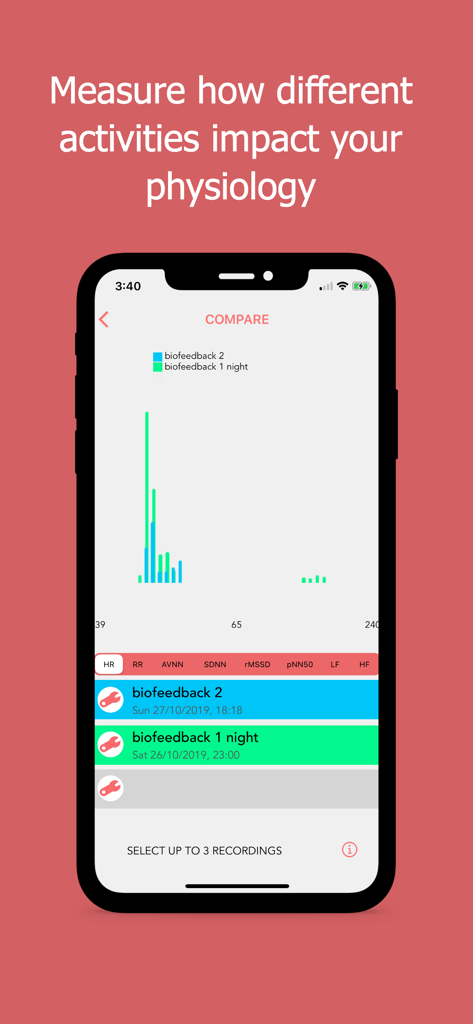 Camera Heart Rate Variability app comparison screen showing a bar chart comparing two biofeedback recordings