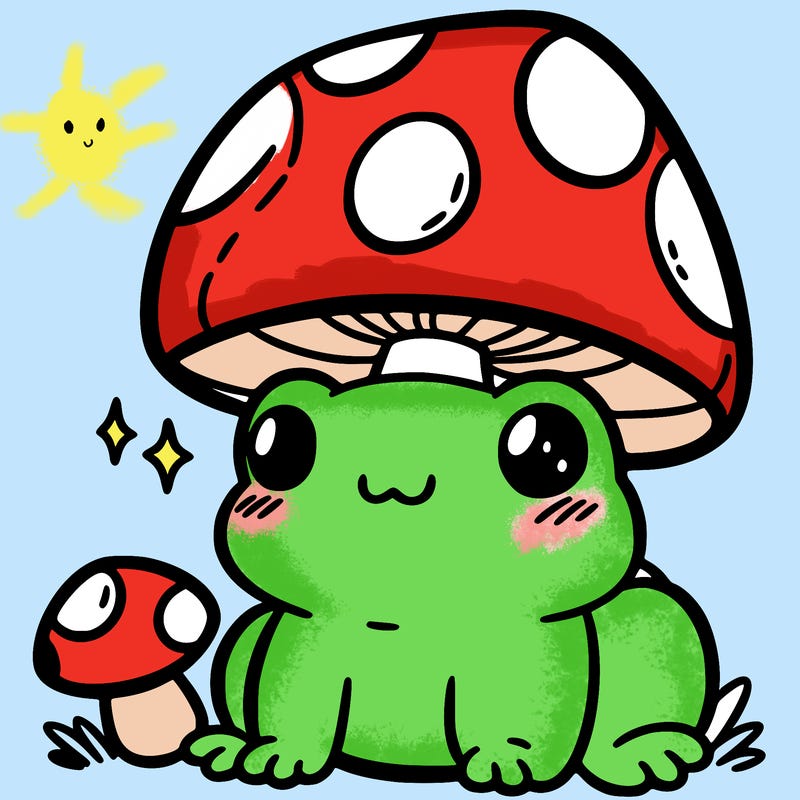 a cute frog with a mushroom hat
