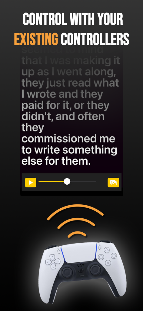 Teleprompter Pro X For Video - A wireless game controller being used to remotely control script scrolling in the Teleprompter Pro X app interface.