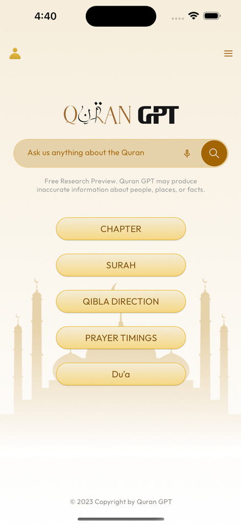 The Quran GPT - Home screen of The Quran GPT app featuring an AI search bar and buttons for religious tools.