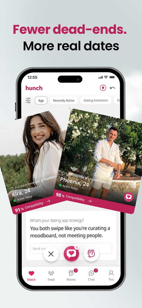 Hunch dating app interface showing user profiles with compatibility scores