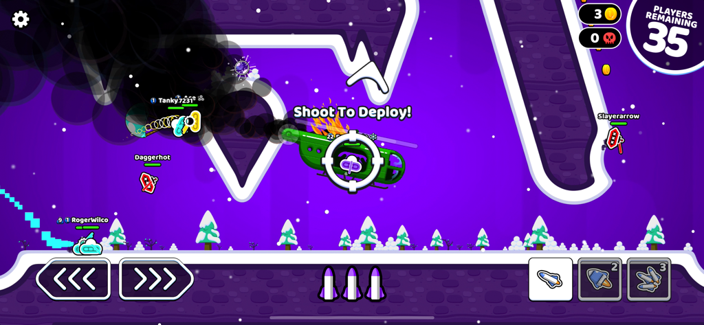 Rocket Bot Royale - Rocket Bot Royale gameplay showing a green helicopter with a shoot to deploy prompt in a 2D battle arena.