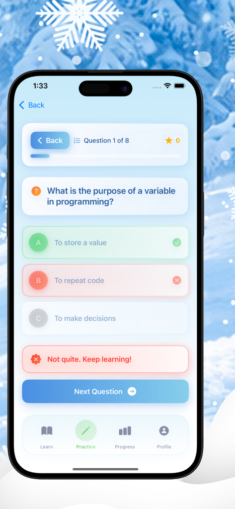 Ice Stack - Pantalla de cuestionario de programación de la aplicación móvil Ice Stack con una pregunta sobre variables.