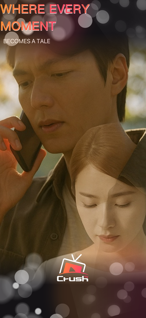 CrushTV - Short & Drama - Captura de tela do aplicativo CrushTV apresentando uma cena dramática com um homem ao telefone e uma mulher com o texto Cada Momento se Torna uma História