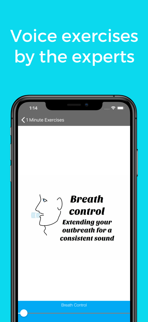 Smartphone screen displaying a breath control exercise from the One Minute Voice WarmUp app including an illustration of a person exhaling.
