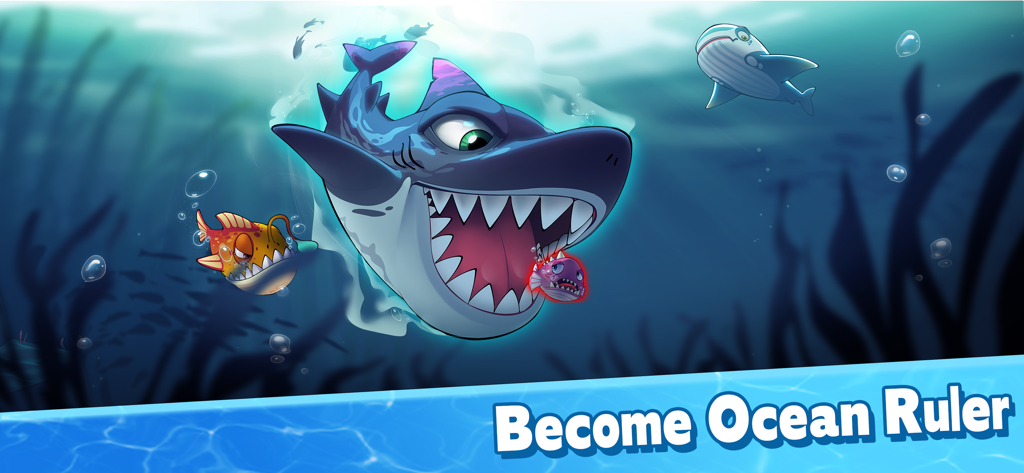 A large shark with its mouth open about to eat a small fish in an underwater scene with the text Become Ocean Ruler