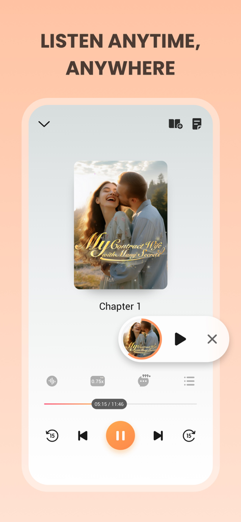 Smartphone screen displaying the Webfic app audio player with a romance novel title