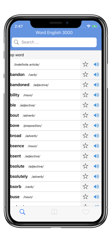 3000 Words English - Mobile app screen showing a list of common English words with parts of speech and audio playback icons