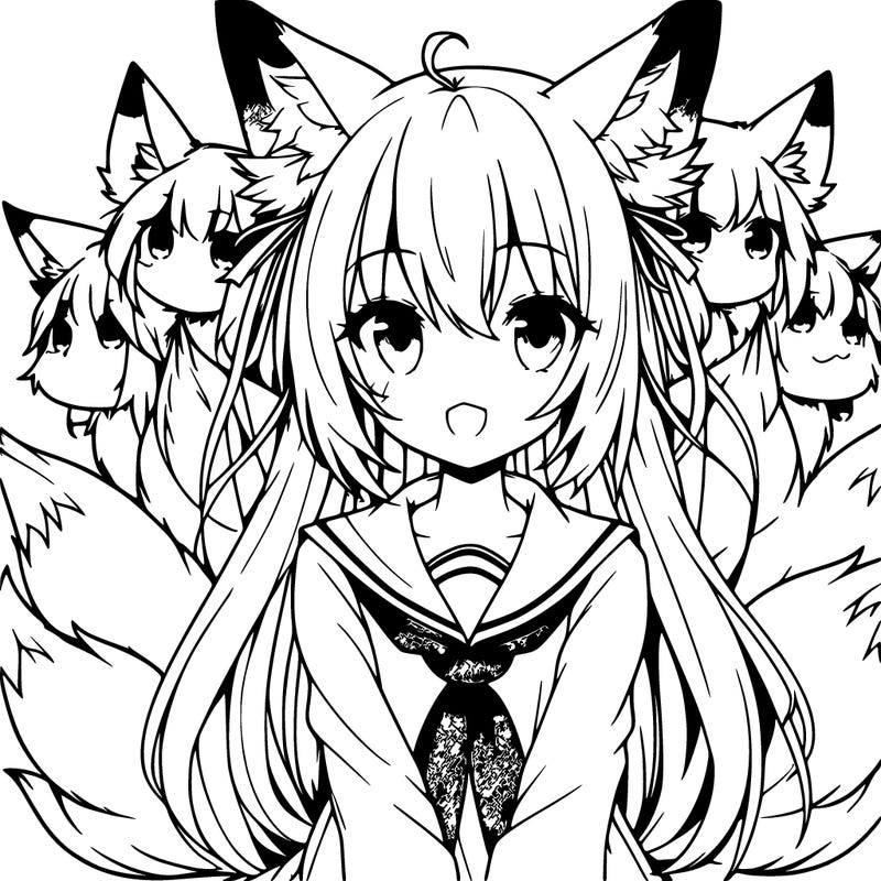 anime girl with fox ears and nine fox tails