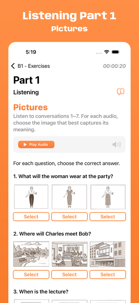 Schermata di pratica di ascolto B1 Preliminary con domande a scelta multipla basate su immagini.