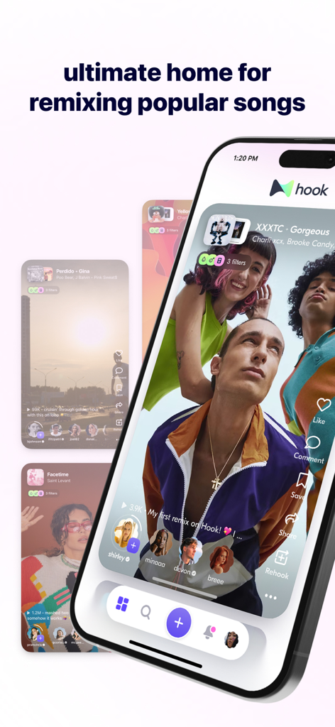 Smartphone showing the Hook app interface for remixing and sharing popular songs