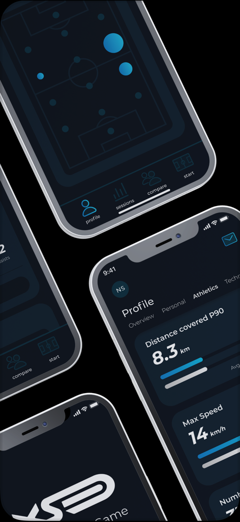 XSEED - Interfaz de la aplicación móvil XSEED que muestra métricas atléticas de jugadores de fútbol y pantallas de seguimiento de rendimiento