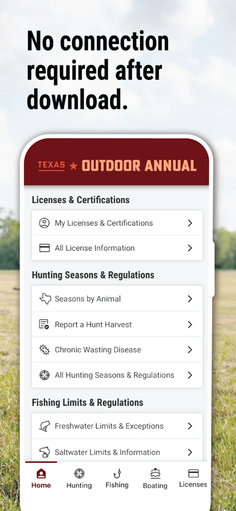 Texas Outdoor Annual app home screen displaying hunting and fishing regulation categories with an offline access notification