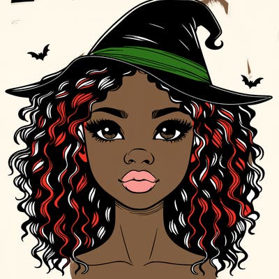 realistic black girl with wavy hair and witch hat and nose and lips