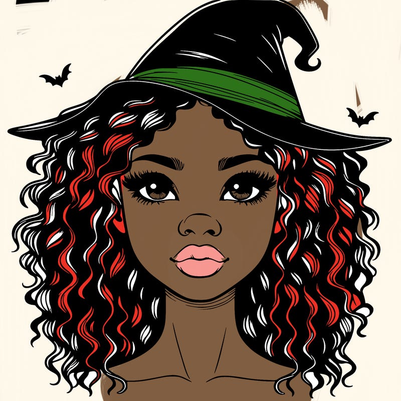realistic black girl with wavy hair and witch hat and nose and lips