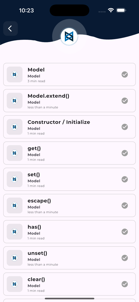 Learn Backbone.js Framework - Mobile app interface displaying a list of Backbone.js Model topics including extend, constructor, get and set methods