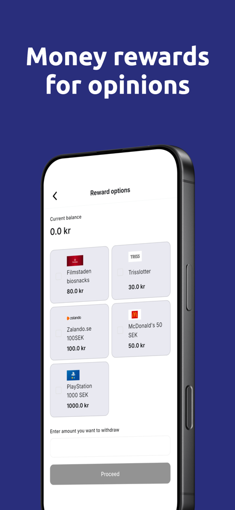 Syno Panel - Syno Panel mobile app screen displaying reward options for gift cards and vouchers including Zalando, McDonalds, and PlayStation.