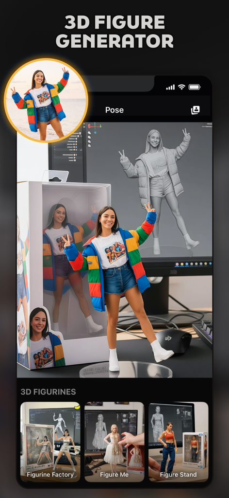 Pose: AI Photo Video Generator - Generador de figuras 3D de Pose AI que convierte fotos en figurillas personalizadas