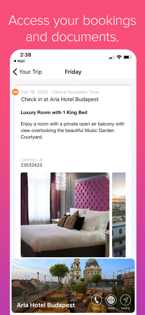 Trip Plans - Trip Plans app screen showing hotel booking details and photos for a trip itinerary