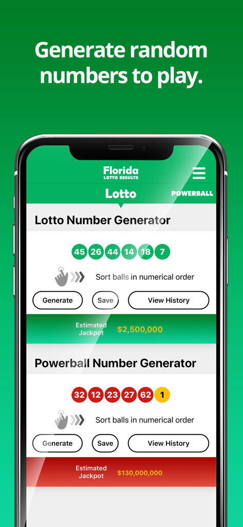 Florida Lotto Results app screen for generating random lottery numbers and viewing jackpots