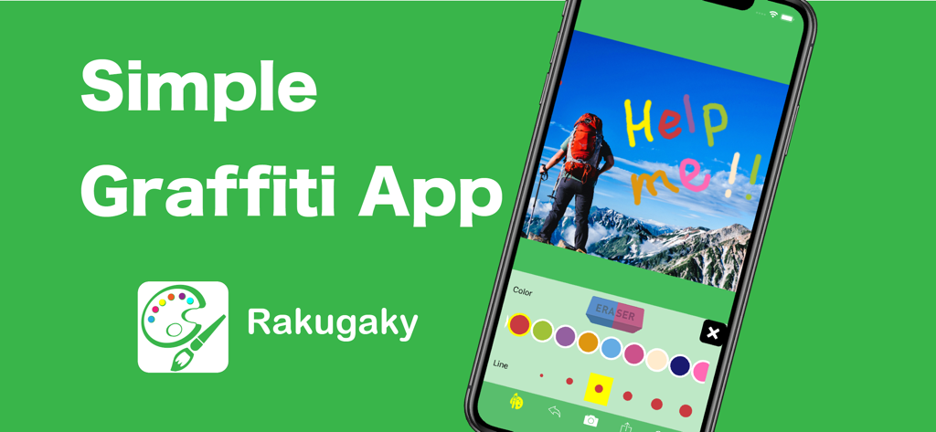Graffiti &  Drawing -Rakugaky- - Promotional banner for the Rakugaky app showing a smartphone with colorful hand-drawn text on a photo and a variety of creative editing tools