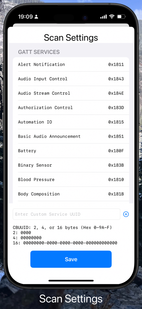 BluKit Workbench - BluKit Workbench scan settings displaying a list of GATT services and their hex UUIDs