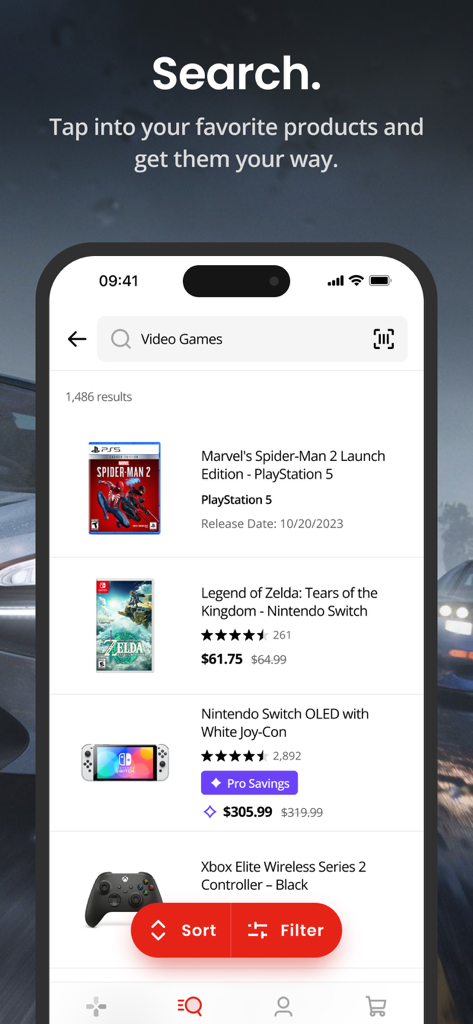 Search results for video games and consoles on the GameStop mobile app.