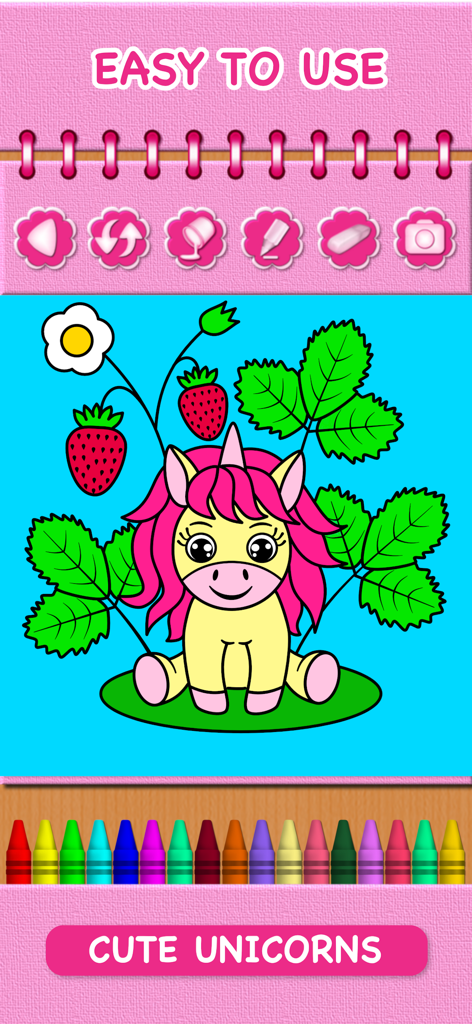 Animal Coloring Book Baby Pets - Interfaz de un libro de colorear digital que muestra un lindo personaje de unicornio con crayones coloridos.