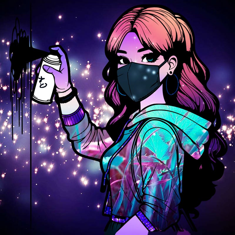 realistic girl with mask spray painting a wall