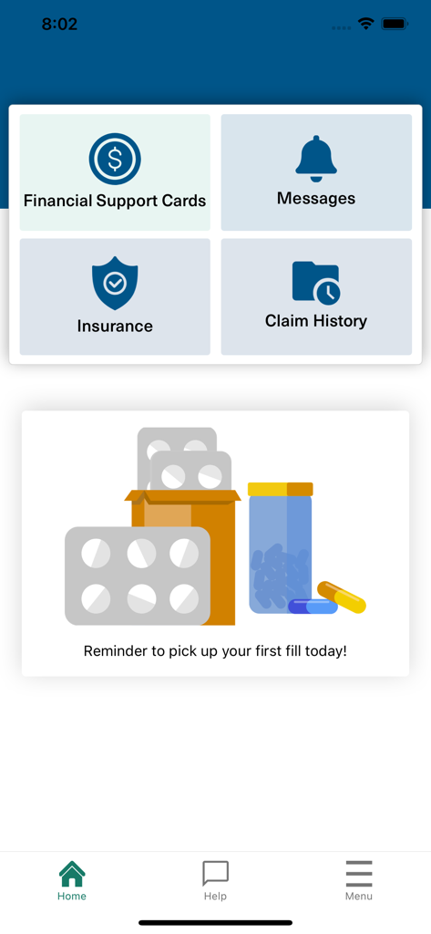 MyRx Care Support - MyRx Care Support app home screen showing dashboard with financial support insurance claim history and medication refill reminder