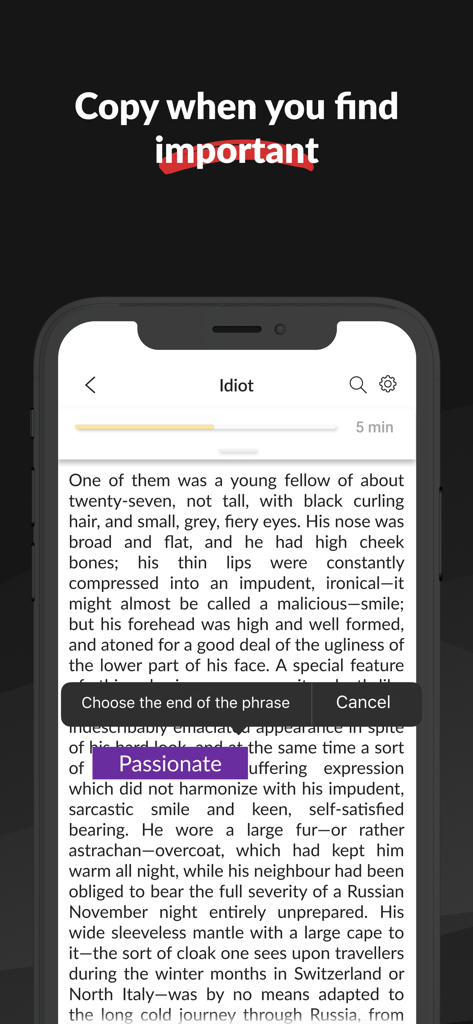 Speed reading: Book reader app - Interfaz de la aplicación móvil Wordex que muestra una herramienta de selección de texto para copiar frases importantes mientras se lee un libro digital.