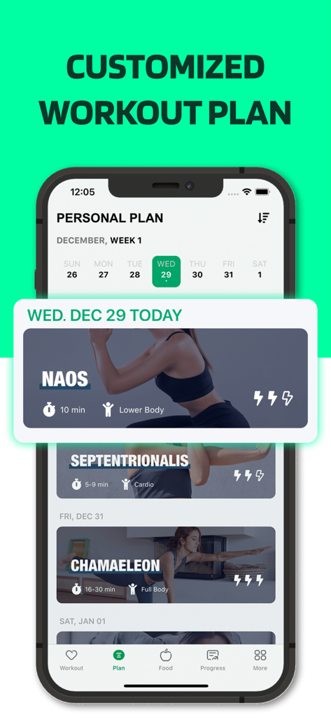 Home Fitness: 7 Minute Workout - Captura de pantalla de la aplicación Home Fitness que muestra un calendario de entrenamiento semanal personalizado con duraciones de ejercicios específicas y áreas objetivo