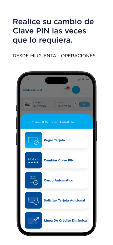 Diners Club Perú - Tela do aplicativo móvel Diners Club Peru mostrando operações de cartão e opções de alteração de PIN